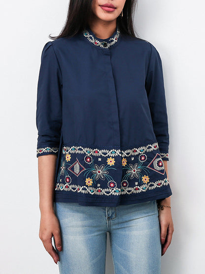 flowersverse Casual Loose High-Low Embroidered Stand Collar Blouses&Shirts Tops