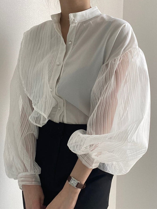 flowersverse Asymmetric Buttoned See-Through Solid Color Split-Joint Long Sleeves Loose Stand Collar Blouses&shirts Tops