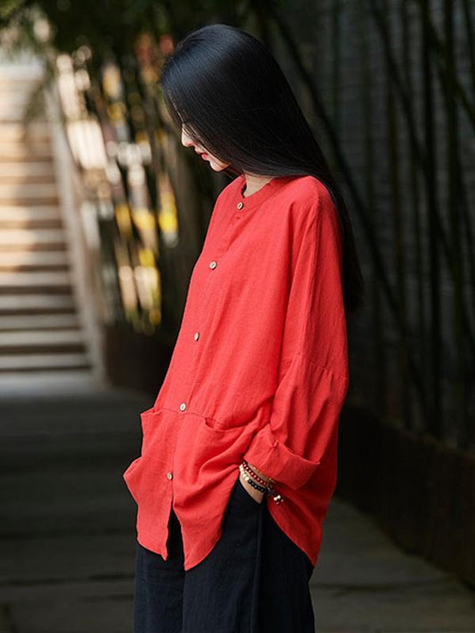 flowersverse Soft Red Ramie Cotton Blouse Outwear