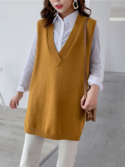 flowersverse Trendy Sleeveless Split-Side Solid Color V-Neck Knitted Vest