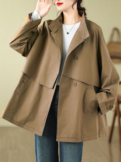 flowersverse Asymmetric Buttoned Pockets Solid Color Split-Joint Long Sleeves Loose Stand Collar Trench Coats Outerwear