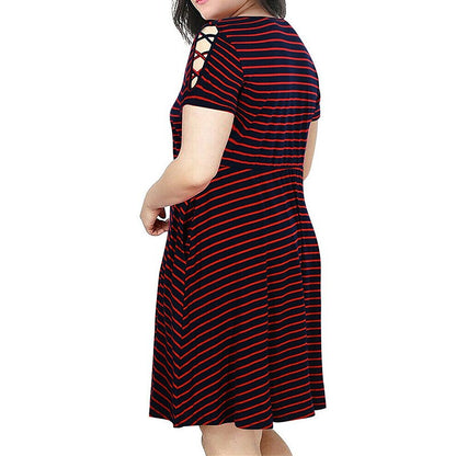 flowersverse Women's Plus Size Casual Dress A Line Dress Stripe Midi Dress Short Sleeve Pocket Crew Neck Fashion Daily White Red Spring Summer XL XXL 3XL 4XL 5XL