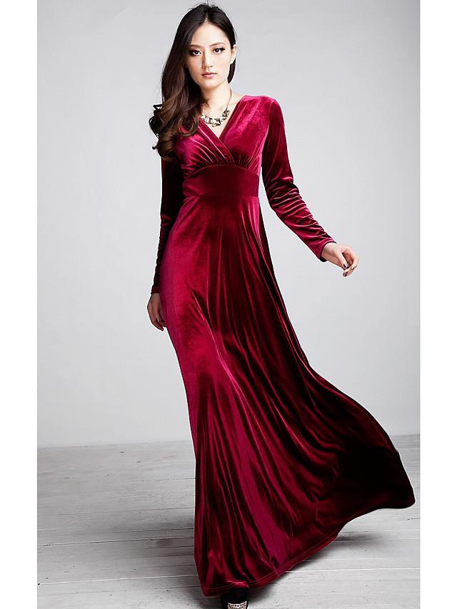 flowersverse Women's Sheath Dress Maxi Long Dress Black Purple Wine Green Royal Blue Long Sleeve Solid Colored V Neck Hot Velvet / Plus Size