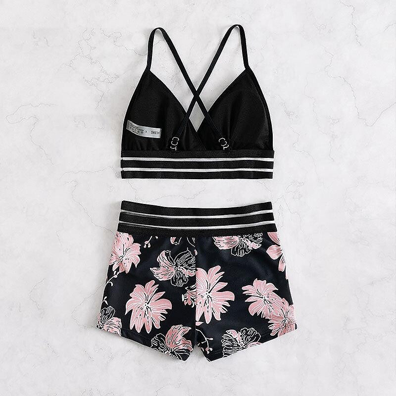 flowersverse Women's Swimwear Bikini Normal Swimsuit 2 Piece Printing Floral Black Bathing Suits Sports Summer