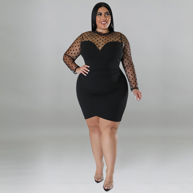 flowersverse Plus Size Dot Sexy Nightclub Women's Stitching Mesh Multi-color Dress