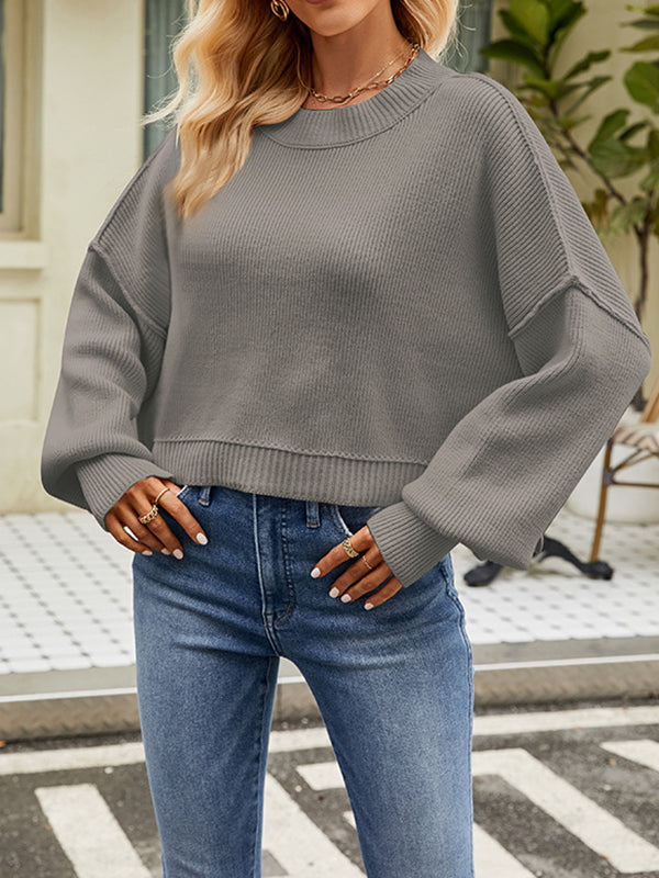 flowersverse Solid Color Split-Joint Split-Side Batwing Sleeves High-Low Round-Neck Sweater Tops Pullovers