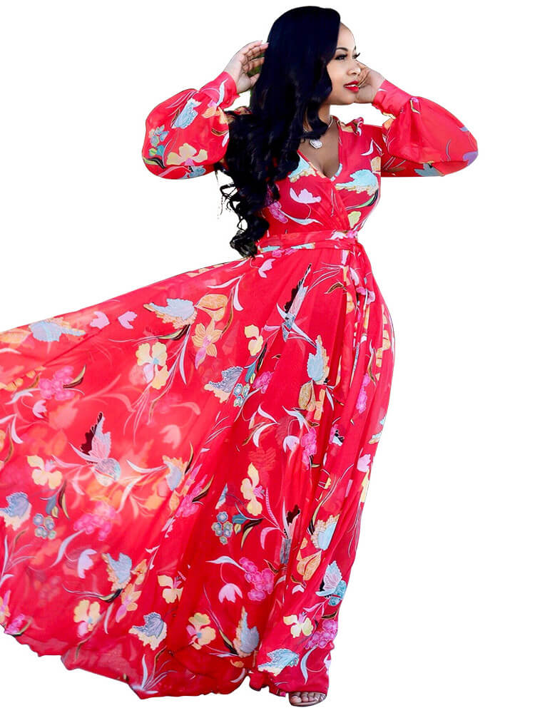 flowersverse Chiffon Floral Printed V Neck Wrap Boho Maxi Dresses