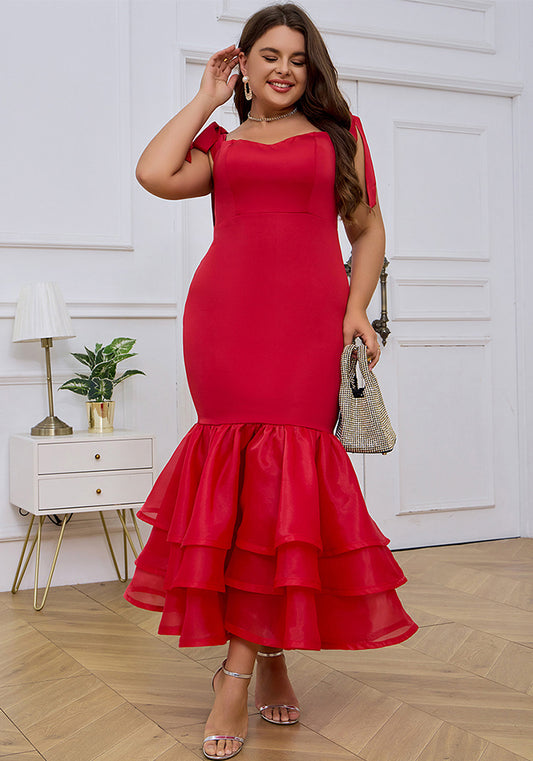 flowersverse Plus Size Women's Swing Tie Straps Party Evening Dress Red Elegant Dress