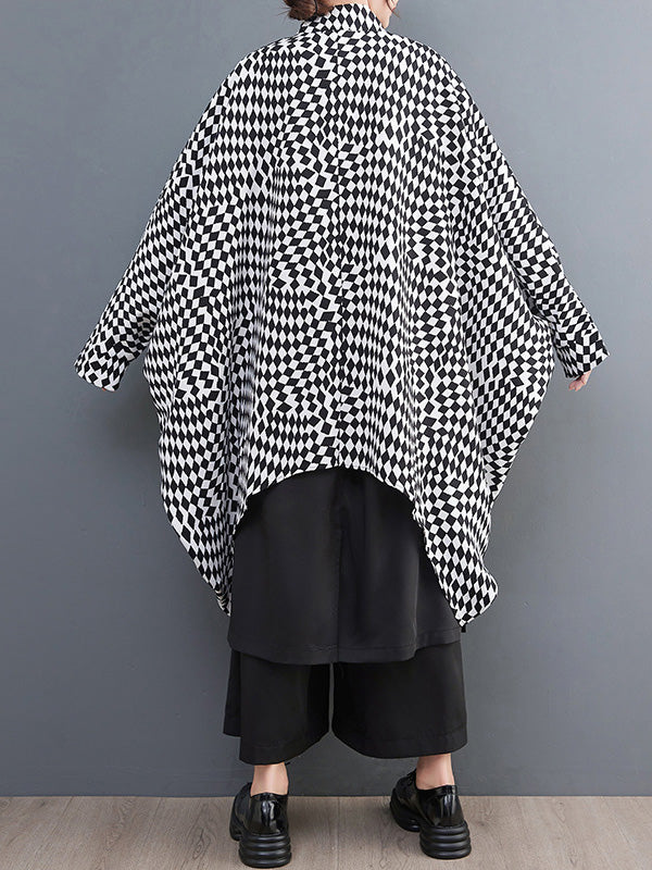 flowersverse High-Low Loose Plaid Zipper Stand Collar Outerwear