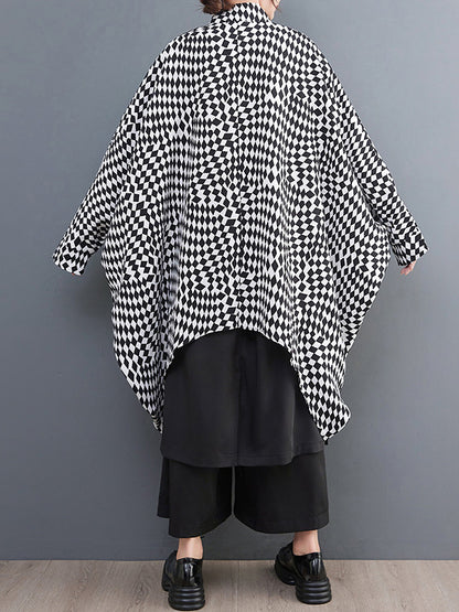 flowersverse High-Low Loose Plaid Zipper Stand Collar Outerwear