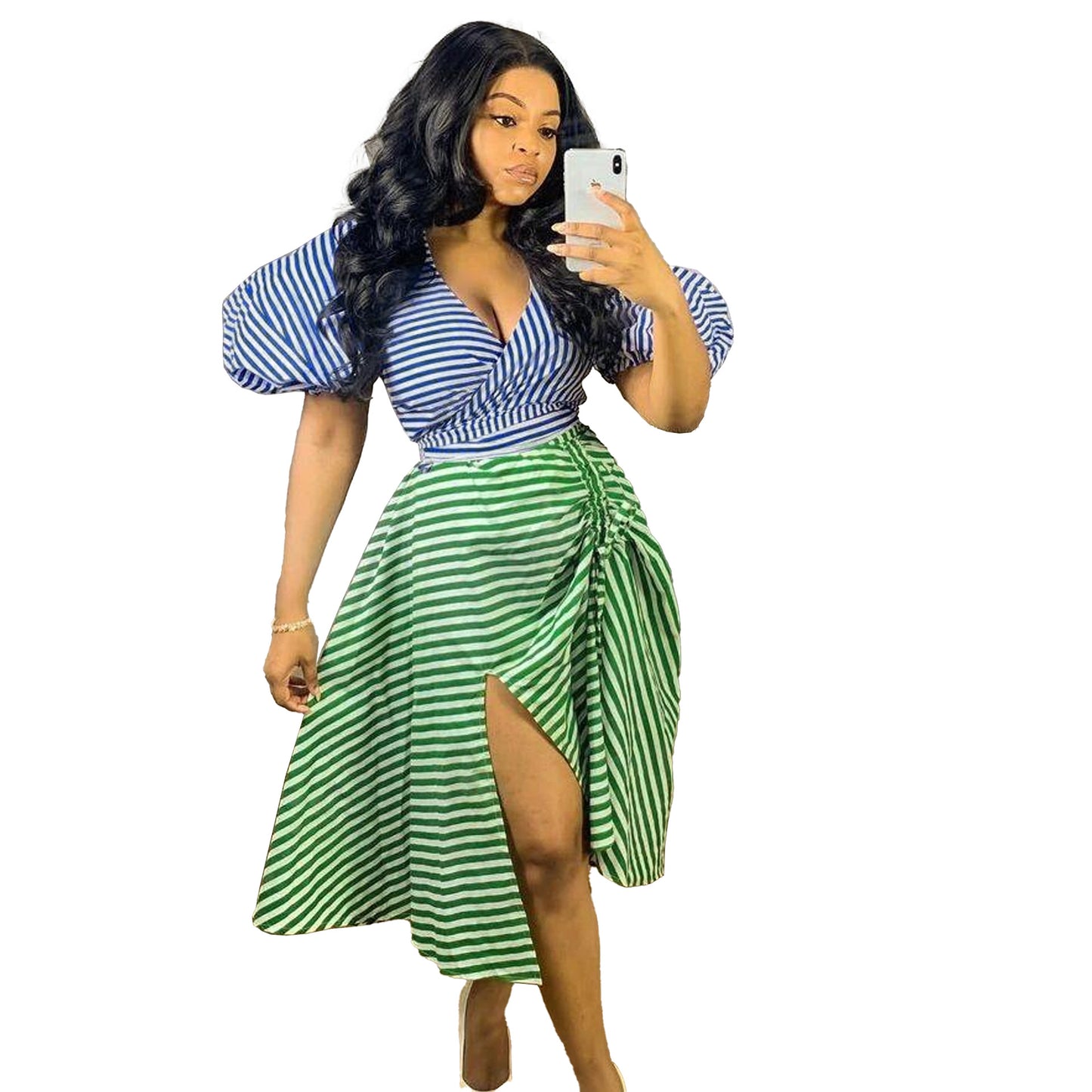 flowersverse Sexy Irregular Stripe Contrast COLor Drawstring Lace-Up Slit Plus Size Two Piece Skirt Set Nightclub Dress