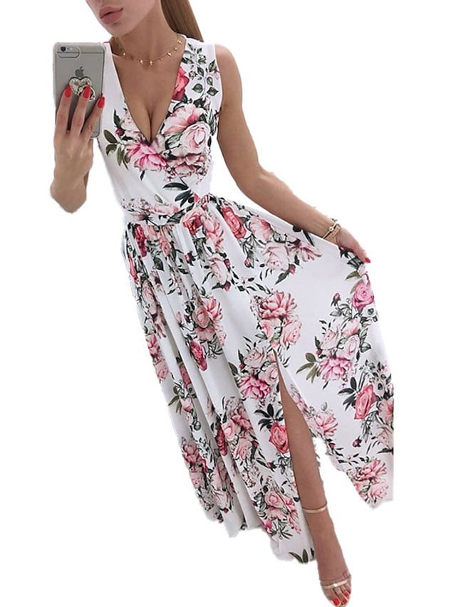 flowersverse Women's Swing Dress Maxi long Dress Blue White Pink Sleeveless Floral Print Split Print Spring Summer V Neck Elegant Vacation  S M L XL XXL