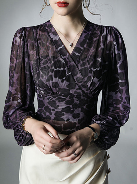 flowersverse Leopard Long Sleeves Plus Size V-neck Blouses&shirts Tops