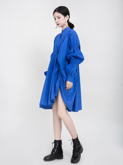 flowersverse Blue Loose Pleated Cropped Blouse Dress