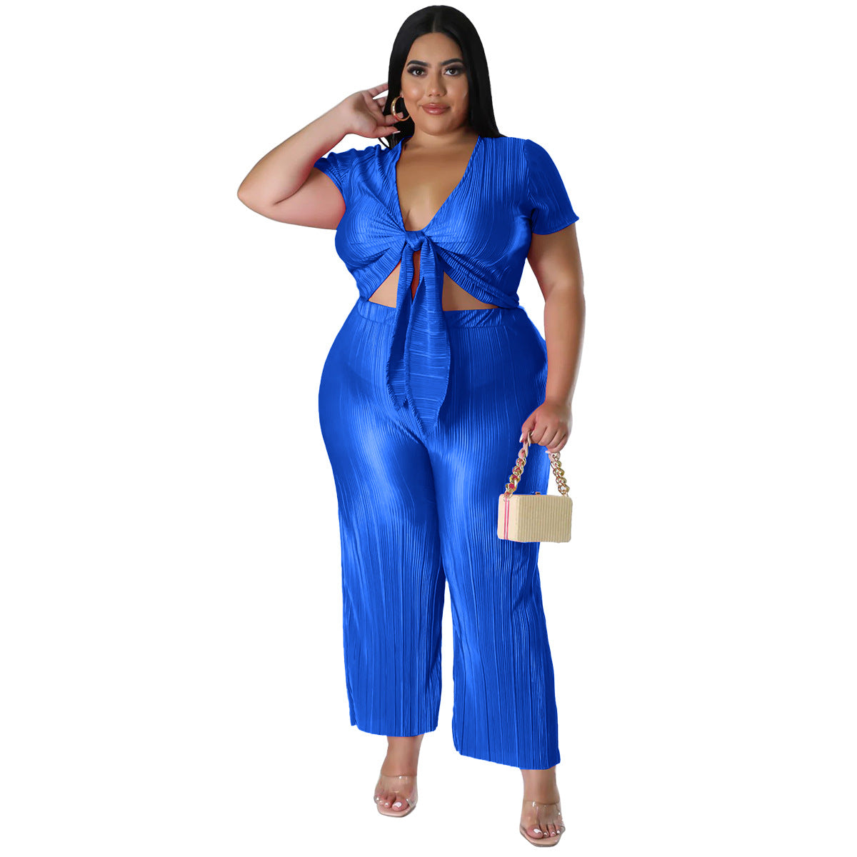 flowersverse Plus Size Women Stretch Lace-Up Top and Pleated Wide-Leg Pants Two-Piece Set