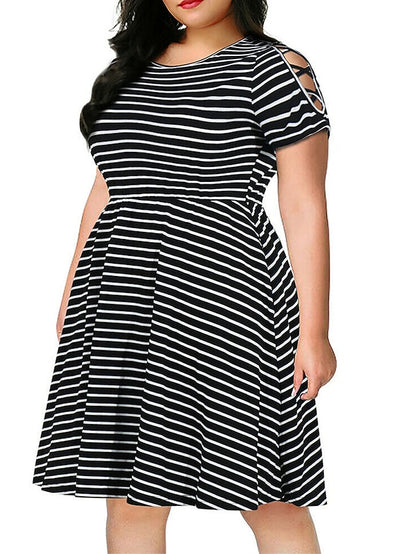 flowersverse Women's Plus Size Casual Dress A Line Dress Stripe Midi Dress Short Sleeve Pocket Crew Neck Fashion Daily White Red Spring Summer XL XXL 3XL 4XL 5XL