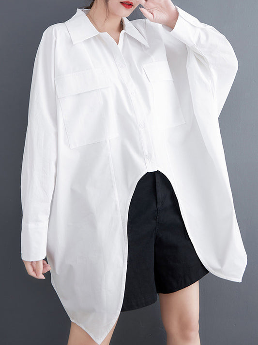 flowersverse Casual Long Sleeves Irregularity Buttoned Solid Color Lapel Collar Blouses&Shirts Tops