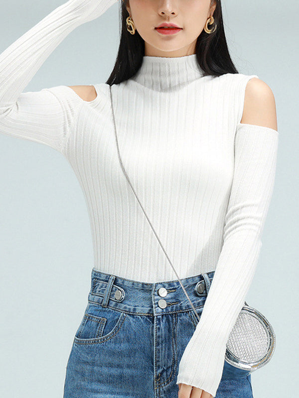 flowersverse Hollow Solid Color Long Sleeves Skinny Mock Neck Sweater Tops Pullovers Knitwear