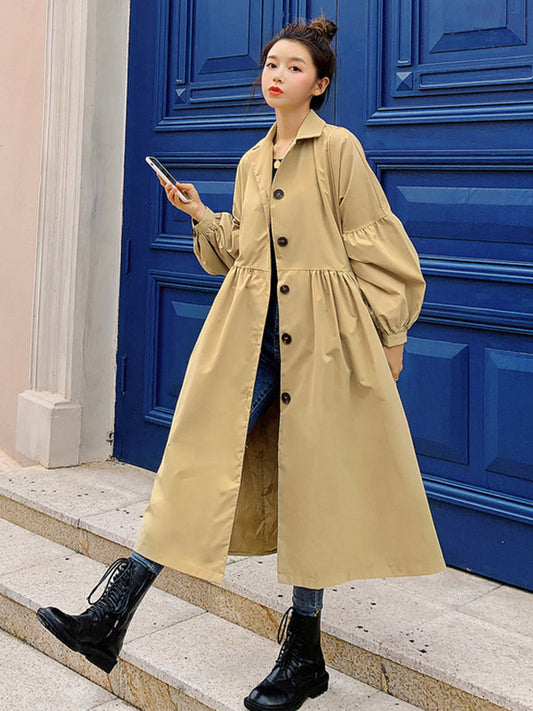 flowersverse Casual Lose Tied Buttoned High-Waist Notched Collar Long Bishop Sleeves Trench Coat