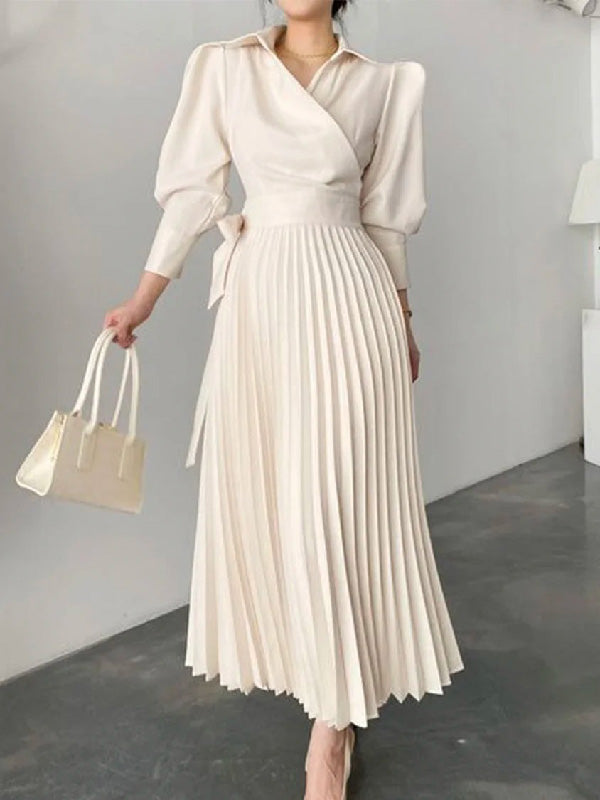 flowersverse Office Pleated Asymmetric Solid Color Lapel Maxi Dresses