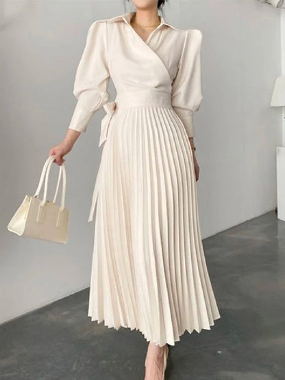 flowersverse Office Pleated Asymmetric Solid Color Lapel Maxi Dresses