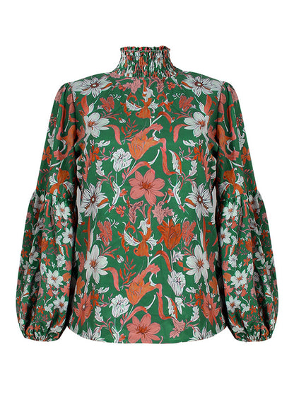 flowersverse Bohemia Loose Puff Sleeves Floral Printed Shirt Top