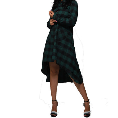 flowersverse Casual Pocket Long Midi Dress Sleeve Plaid Shirt Irregular Coat