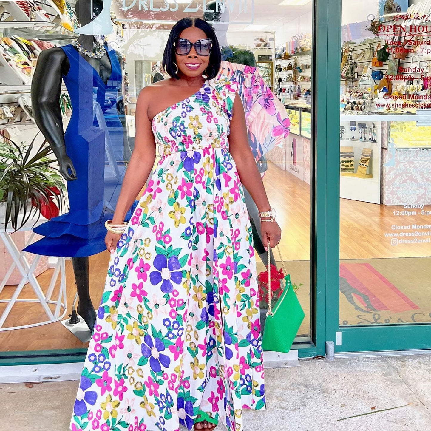 flowersverse Sexy Printed Slash Shoulder Slit Plus Size Maxi Dress