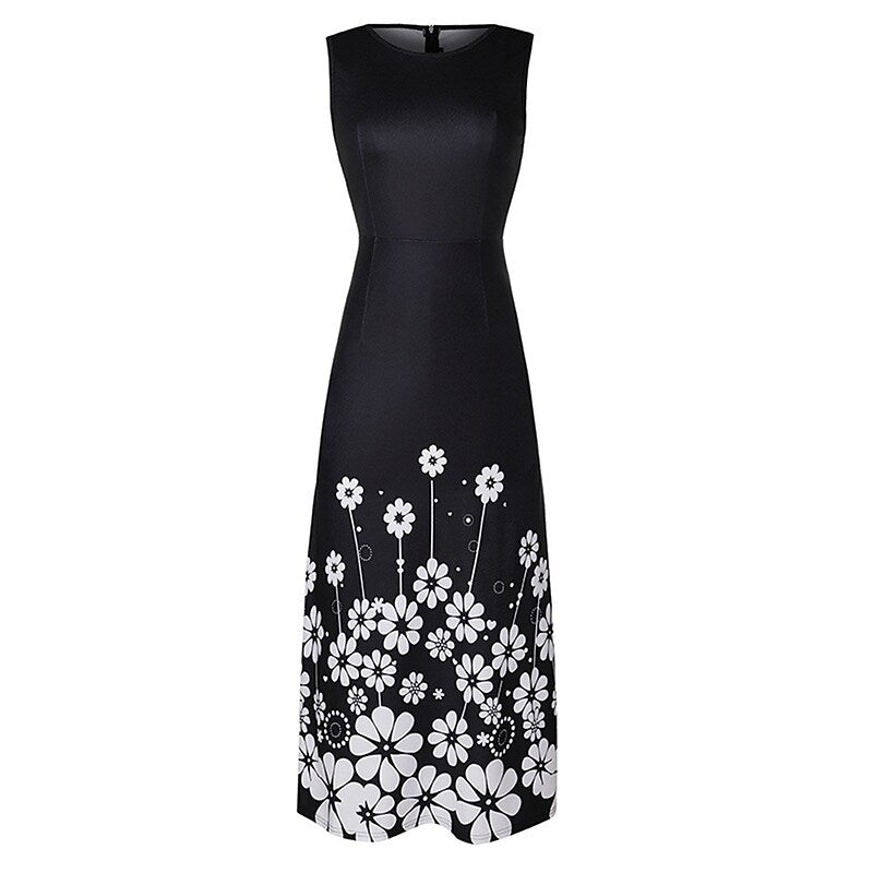 flowersverse Women's Work Dress Black Dress Semi Formal Dress Fashion Maxi Dress Pocket Print Crew Neck Sleeveless Floral Color Block Regular Fit Black White Yellow Spring Summer S M L XL XXL