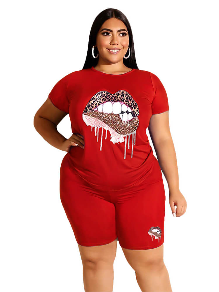 flowersverse Plus Size Two Piece Short Sleeve Tops+Shorts Sets