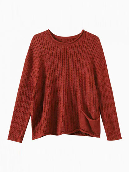 flowersverse Artistic Retro Loose Long Sleeves Jacquard Solid Color Round-Neck Sweater Tops