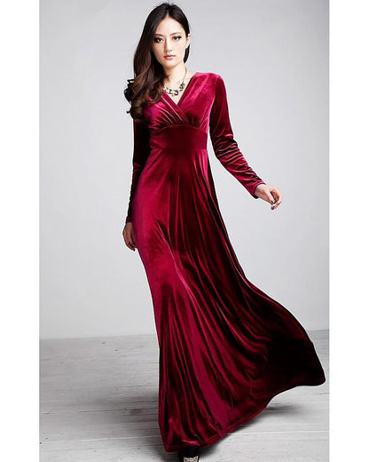 flowersverse Women's Sheath Dress Maxi Long Dress Black Purple Wine Green Royal Blue Long Sleeve Solid Colored V Neck Hot Velvet / Plus Size