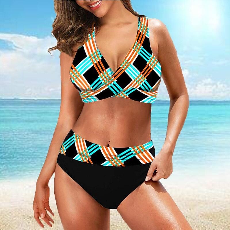 flowersverse Women's Swimwear Tankini 2 Piece Plus Size Swimsuit Plaid Blue Crop Top Bathing Suits Sports Summer