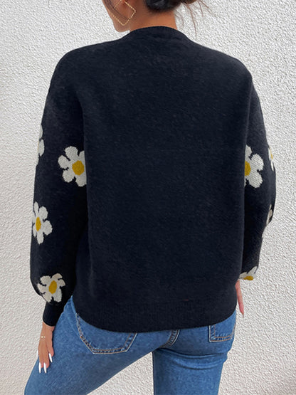 flowersverse Contrast Color Floral Printed Split-Joint Long Sleeves Loose Round-Neck Sweater Tops