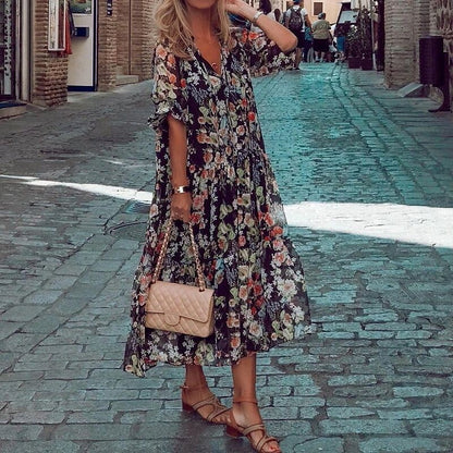 flowersverse Women's Loose Midi Dress Half Sleeve Floral Print Print Spring Summer V Neck Vacation Boho Holiday Loose  S M L XL XXL / Chiffon