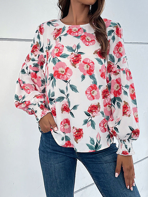 flowersverse Elasticity Flower Print Long Sleeves Loose Round-Neck Blouses&Shirts Tops