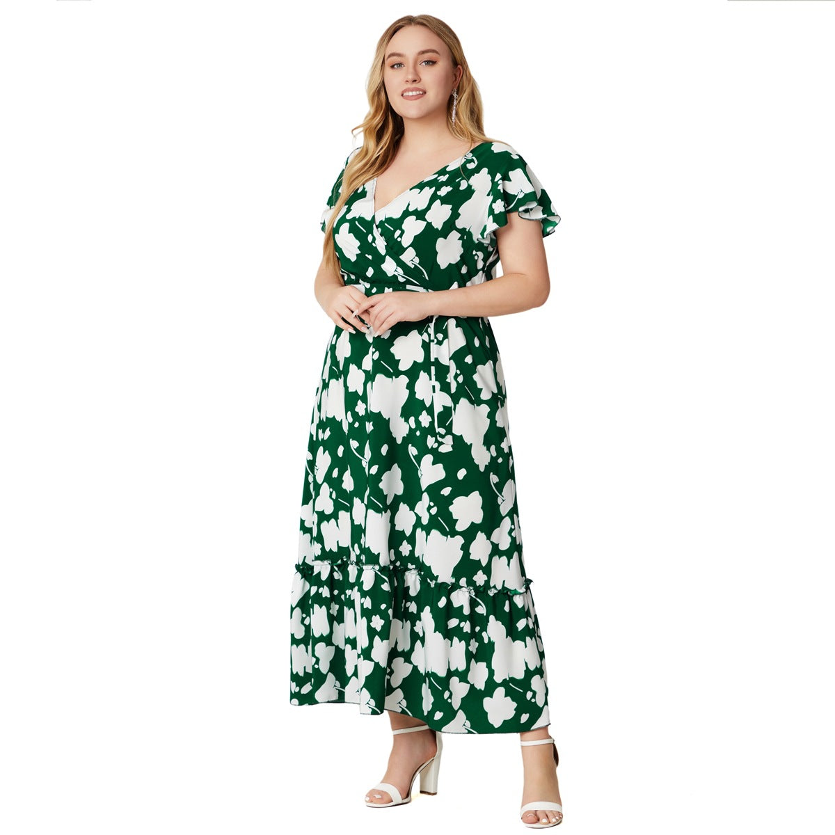 flowersverse Summer Plus Size Women's V-Neck Print Dress