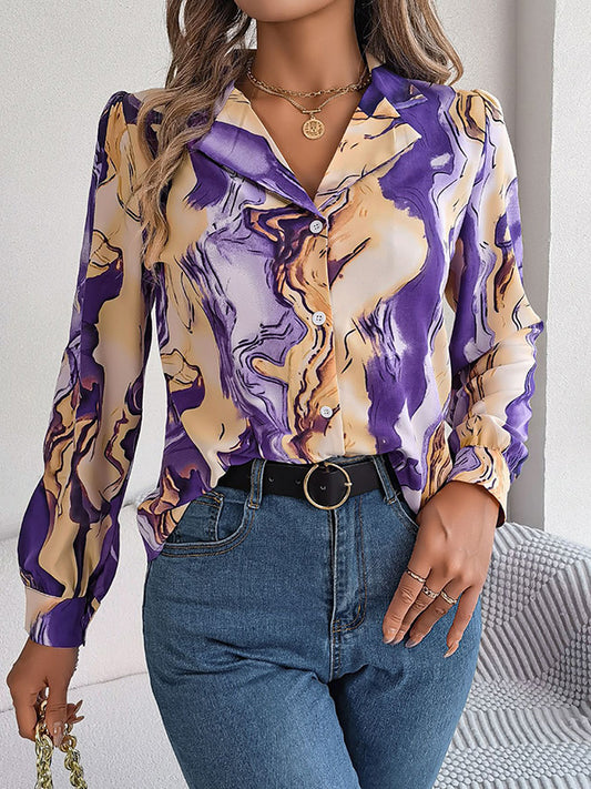 flowersverse Buttoned Printed Long Sleeves Loose Notched Collar Blouses&Shirts Tops