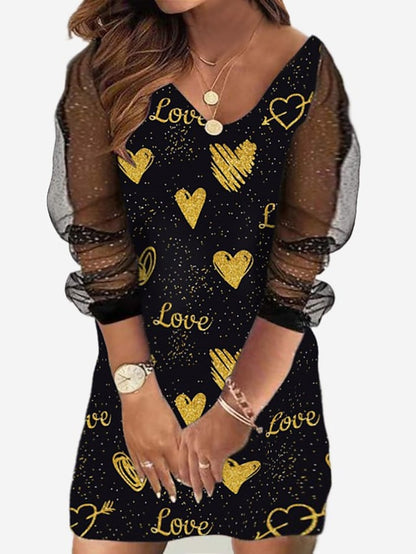 flowersverse Women's Plus Size Holiday Dress Floral V Neck Mesh Long Sleeve Fall Spring Casual Mini Dress Causal Daily Dress / Sheath Dress / Black Dress / Print