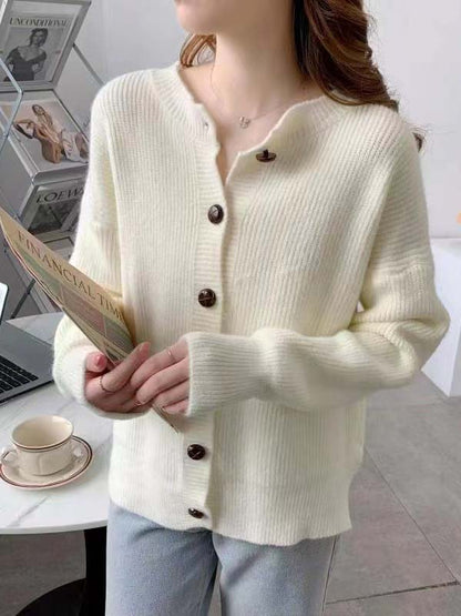 flowersverse Simple Long Sleeves Loose Buttoned Solid Color Round-Neck Cardigan Tops