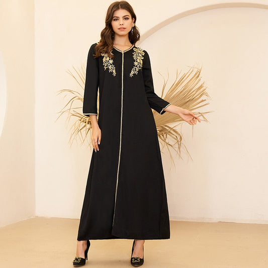 flowersverse New Summer Women's Fashion Arabian Style V-neck Gold Embroidery Pair Flower Loose Long Sleeve 3/4 Sleeve Black Dress Plus Size