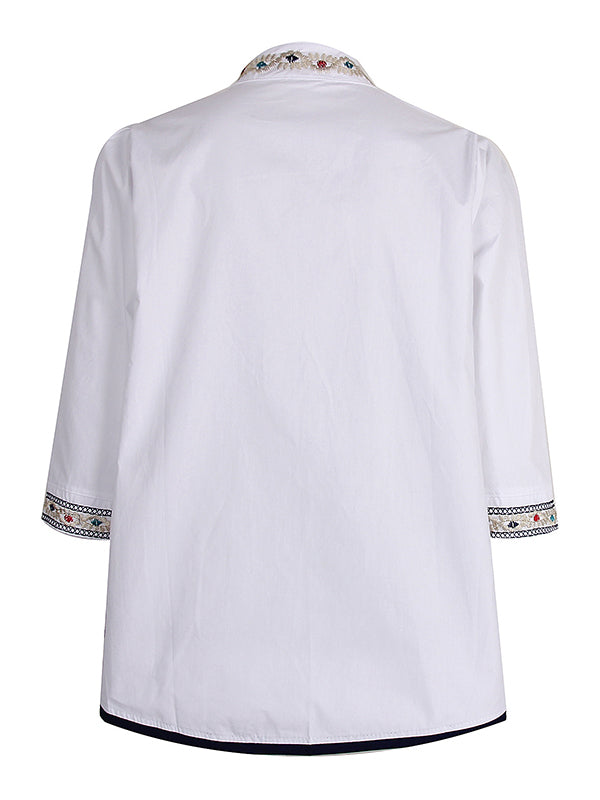 flowersverse Casual Loose High-Low Embroidered Stand Collar Blouses&Shirts Tops