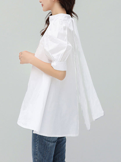 flowersverse Casual Loose Bow-Embellished Solid Color Blouse