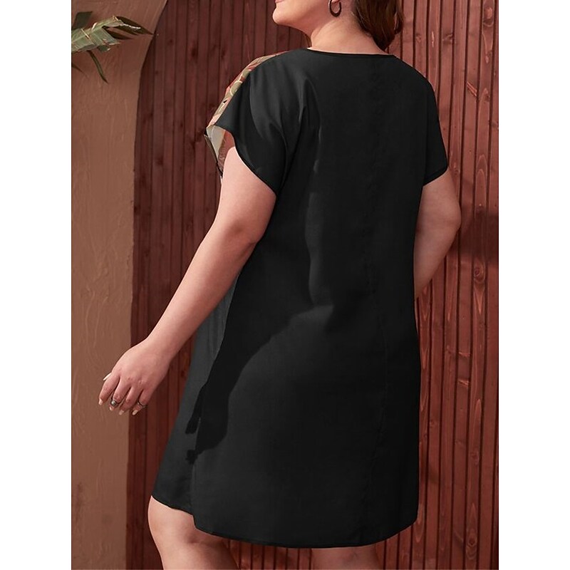 flowersverse Women's Plus Size Casual Dress A Line Dress Floral Midi Dress Short Sleeve Print V Neck Fashion Outdoor Black Spring Summer L XL XXL 3XL 4XL