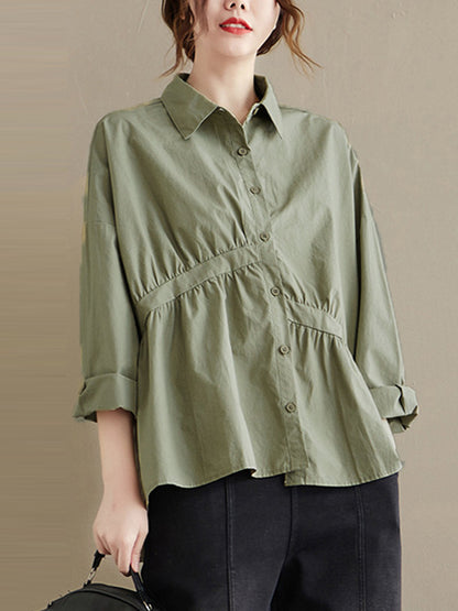 flowersverse Casual Loose 3 Colors Buttoned Lapel Collar Long Sleeves Blouse