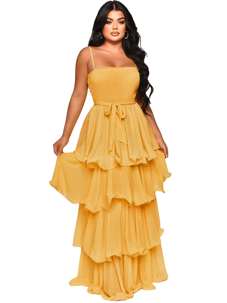 flowersverse Chiffon Spaghetti Strap Ruffle Maxi Dress