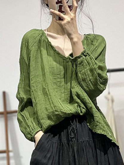 flowersverse Pleated Solid Color Long Sleeves Loose V-neck Blouses&shirts Tops