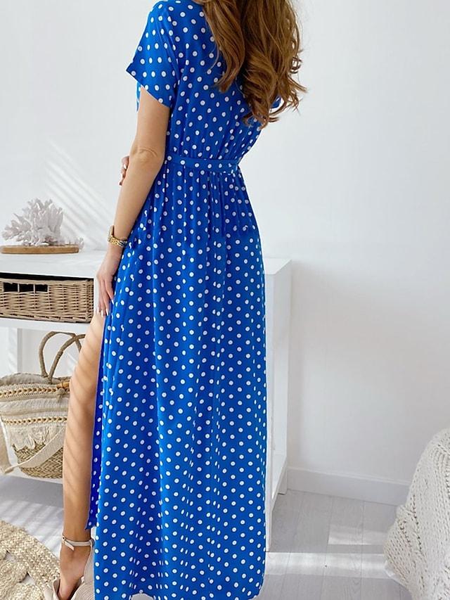 flowersverse Women's Chiffon Dress Maxi Long Dress White Blue Red Navy Blue Short Sleeve Polka Dot Summer V Neck Sexy Boho S M L XL XXL