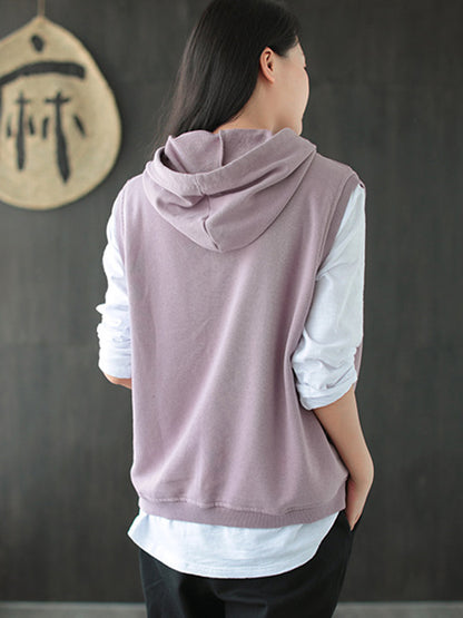 flowersverse Artistic Retro Solid Hooded Vest