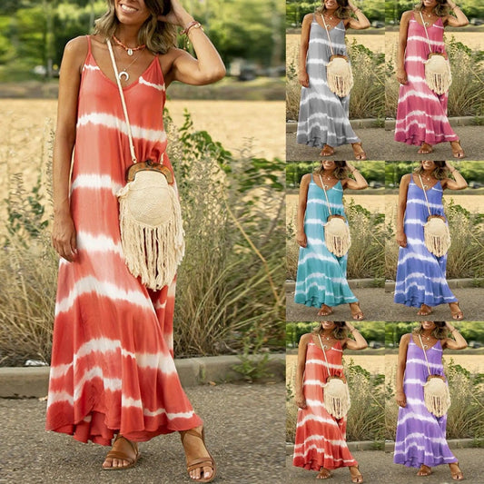 flowersverse Women's Printed Striped Plus Size Maxi Loose Dress